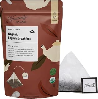 Heavenly Tea Leaves Organic English Breakfast (50 Pyramid Tea Bags), Bulk Compostable Black Tea Sachets - 100% Plastic Free, Premium Quality, Whole Tea Leaves in a Convenient Tea Bag