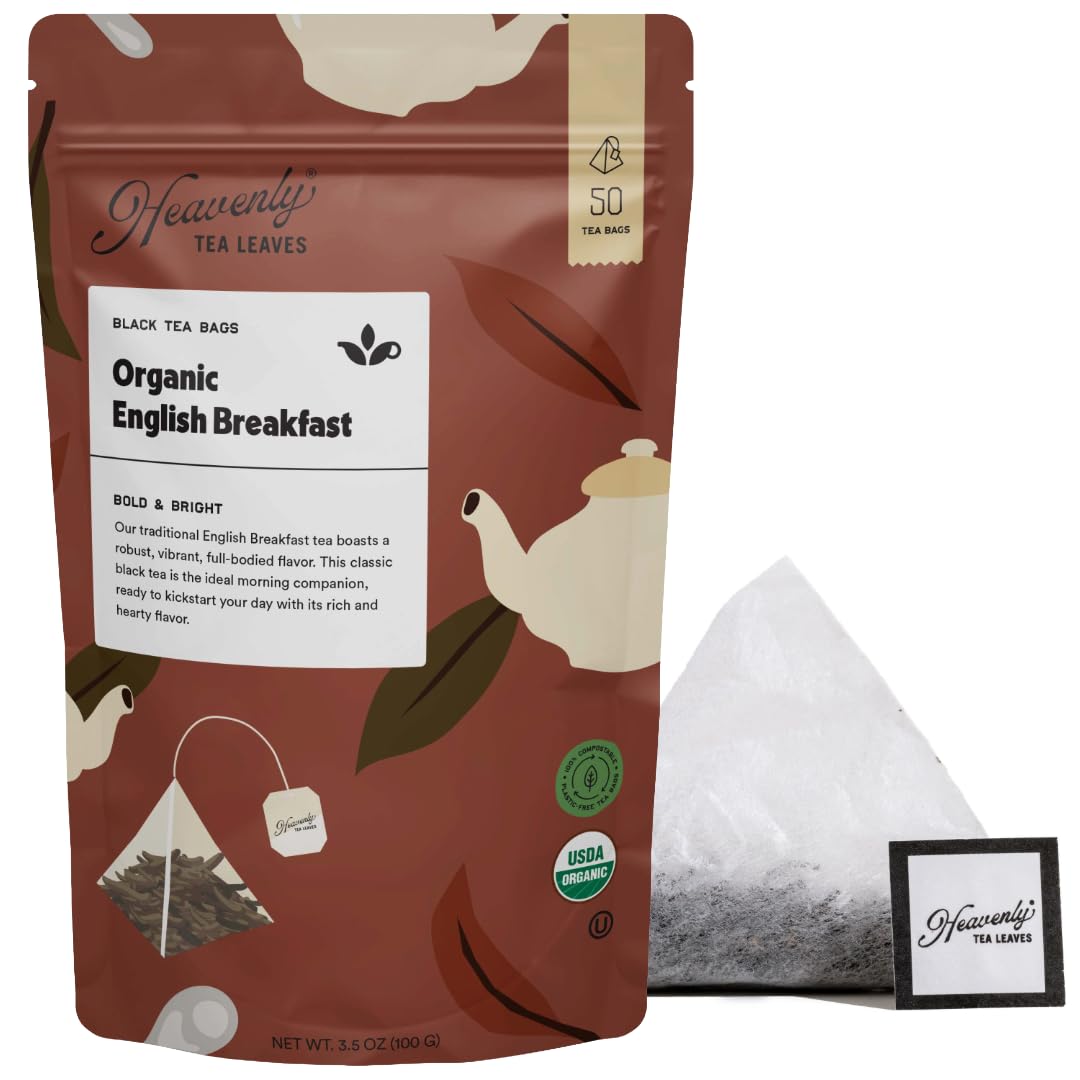 Heavenly Tea Leaves Organic English Breakfast (50 Pyramid Tea Bags), Bulk Compostable Black Tea Sachets - 100% Plastic Free, Premium Quality, Whole Tea Leaves in a Convenient Tea Bag