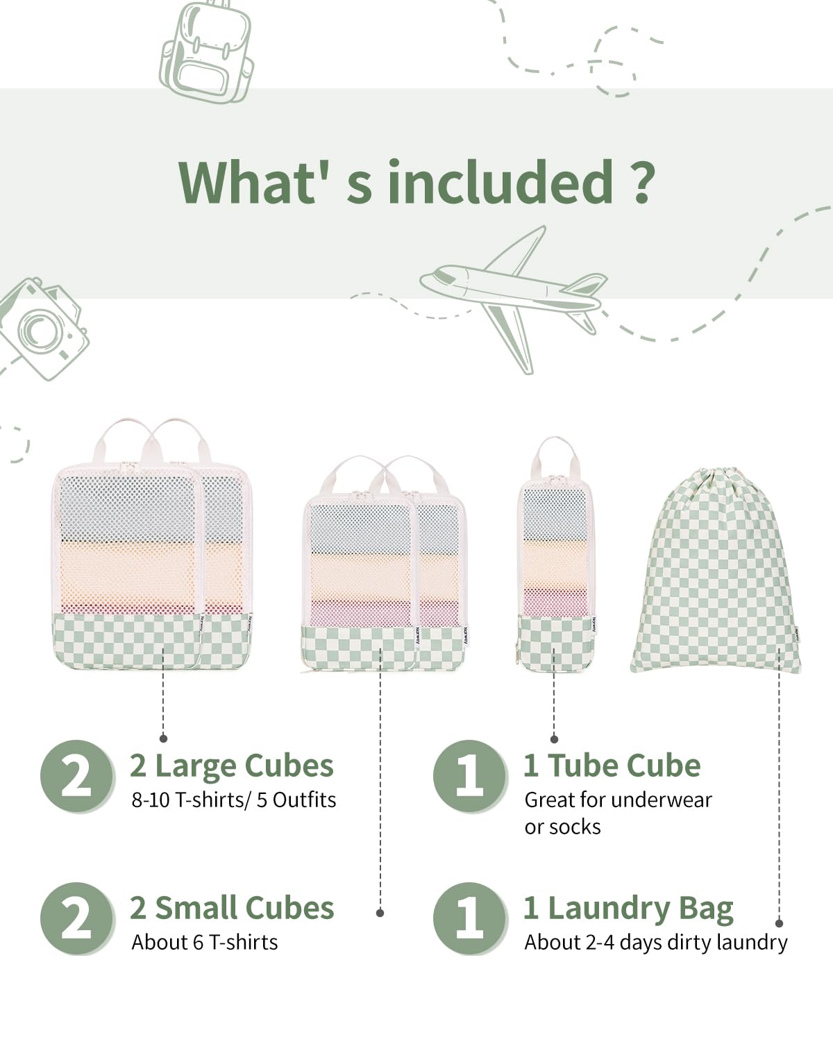 Narwey 6er-Set Kompressions-Verpackungswürfel, kariert, für Reisen, für Handgepäck, Koffer, Reisetaschen, Minzgrün, Schachbrettmuster