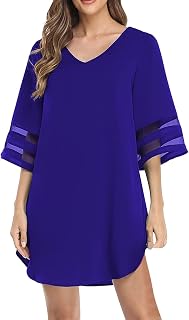 NHNKB Summer Dress Women's Dress Short Women's Summer Dress Chiffon Bell Sleeves Cover Up Dresses Casual V-Neck Mesh Dress Elegant Panel Mini Summer Dress Mini Dress Tight Black Dresses Women's