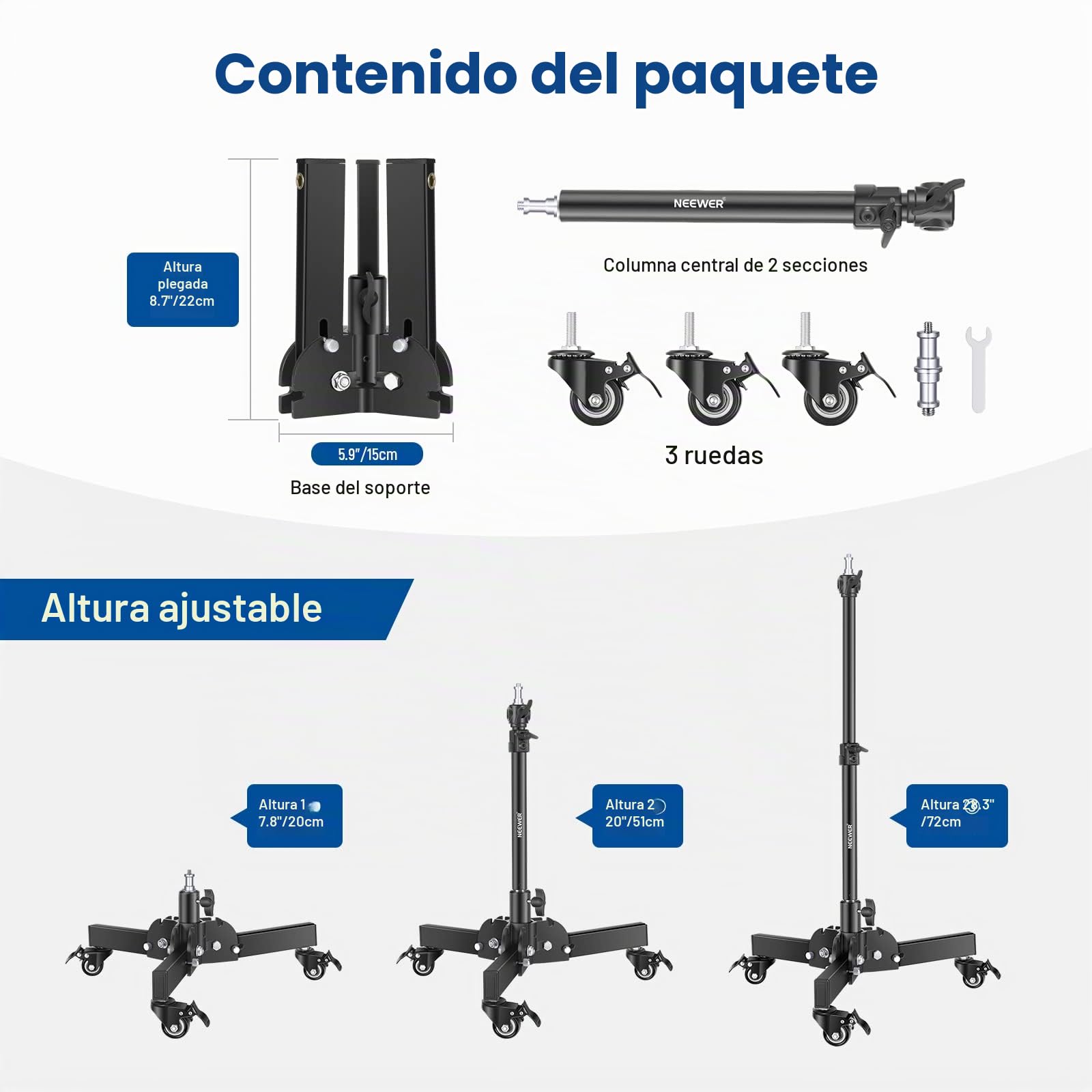 NEEWER Soporte de luz Resistente con Ruedas, Soporte de trípode Plegable de Altura máxima de 2.5 pies para Disparo de ángulo bajo/Mesa, Soporte de luz de fotografía para softbox, monolight y Otros