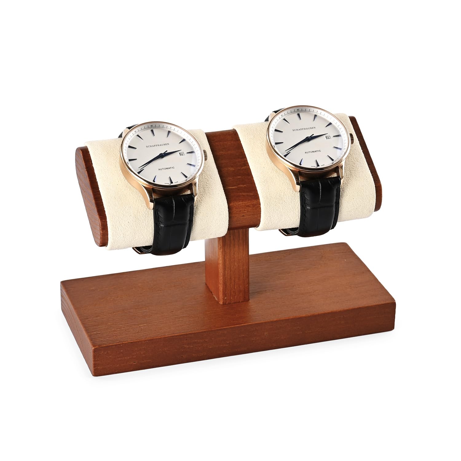 HVMBEUGOS Premium Beige Double Watch Stand Wooden Watch Holder with Microfibre Surface Compact Display Stand for 2 Watches Ideal for Home & Jewellery Shops