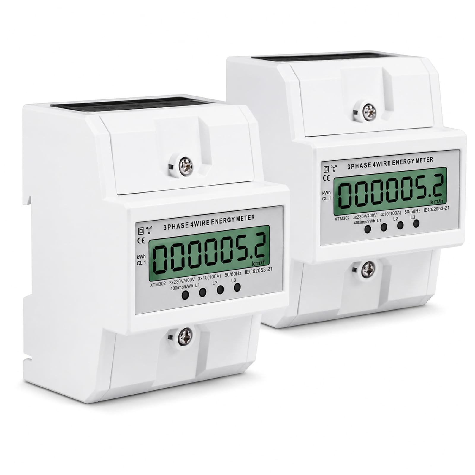 2 unidades de 3 fases, contador de corriente trifásica calibrado de 100 A con pantalla LCD, 50/60 Hz, contador de corriente trifásico, para carril DIN intermedio (4 hilos)