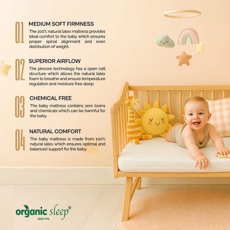 Image of 100% Natural Latex Baby Mattress 48 inchx24 inchx2 inch | Lightweight Crib & Cot Mattress for Kids | Breathable, Hypoallergenic & Supportive Baby Bed with Soft Aloe Vera Knitted Cover