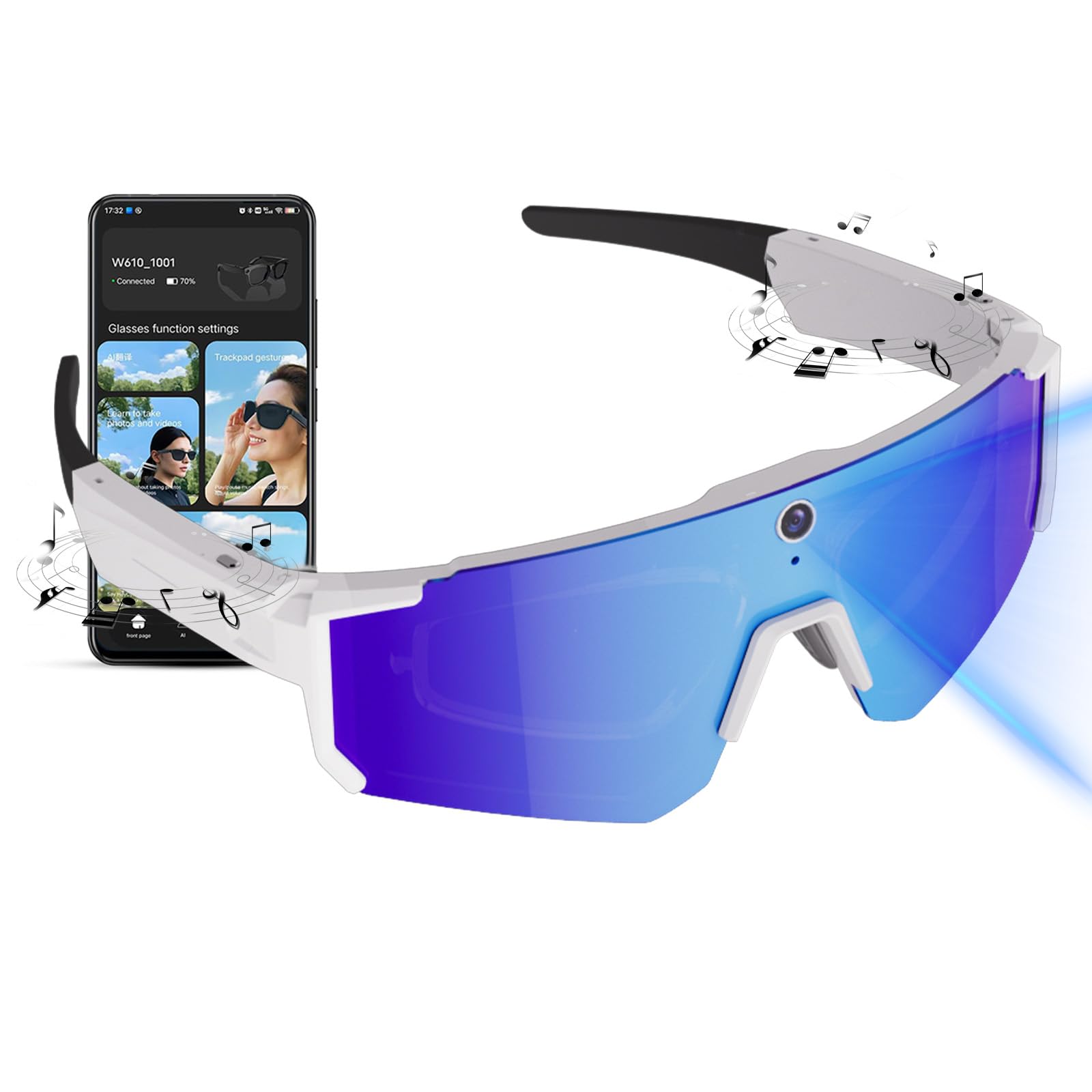 Gafas Inteligentes de Ciclismo con Inteligencia Artificial, Lentes de Sol Inteligentes con Bluetooth, Control de Voz, reconocimiento de Objetos (Blue Lens+White Frame)