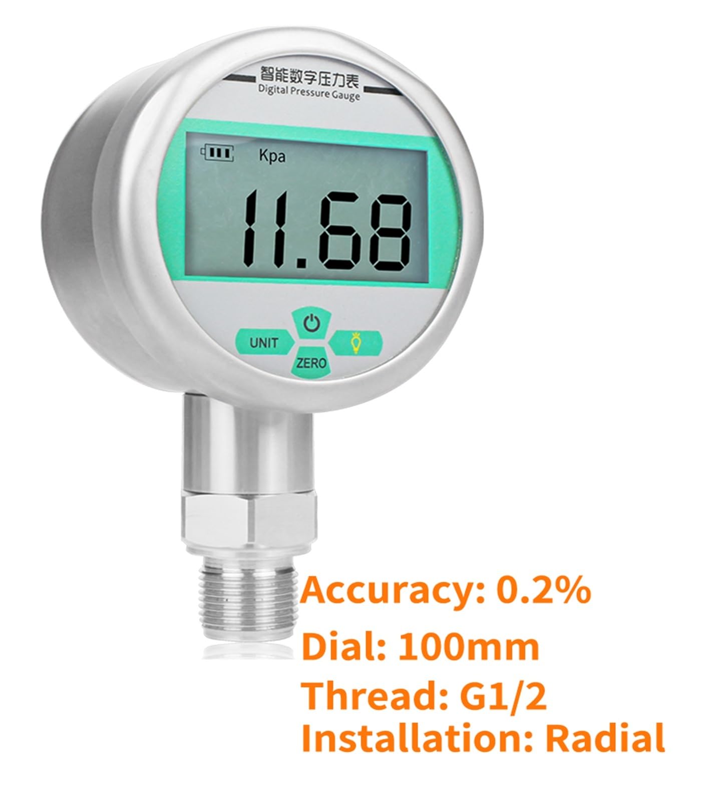 Manomètre numérique radial manomètre LCD-0.1~60Mpa petit compteur de pression G1/2 avec cadran 60mm/80mm/100mm(Blue,0-30Mpa)