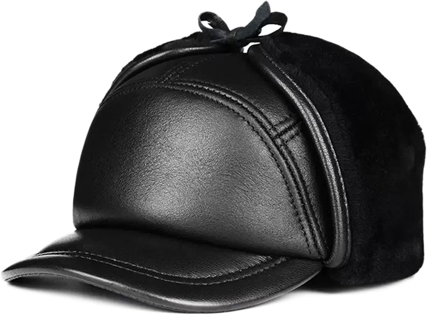 Winter Trapper Hat Leather Aviator Pilot Cap for Men Warm Wool Lined Bomber Hats with Ear Flaps,Black A-L
