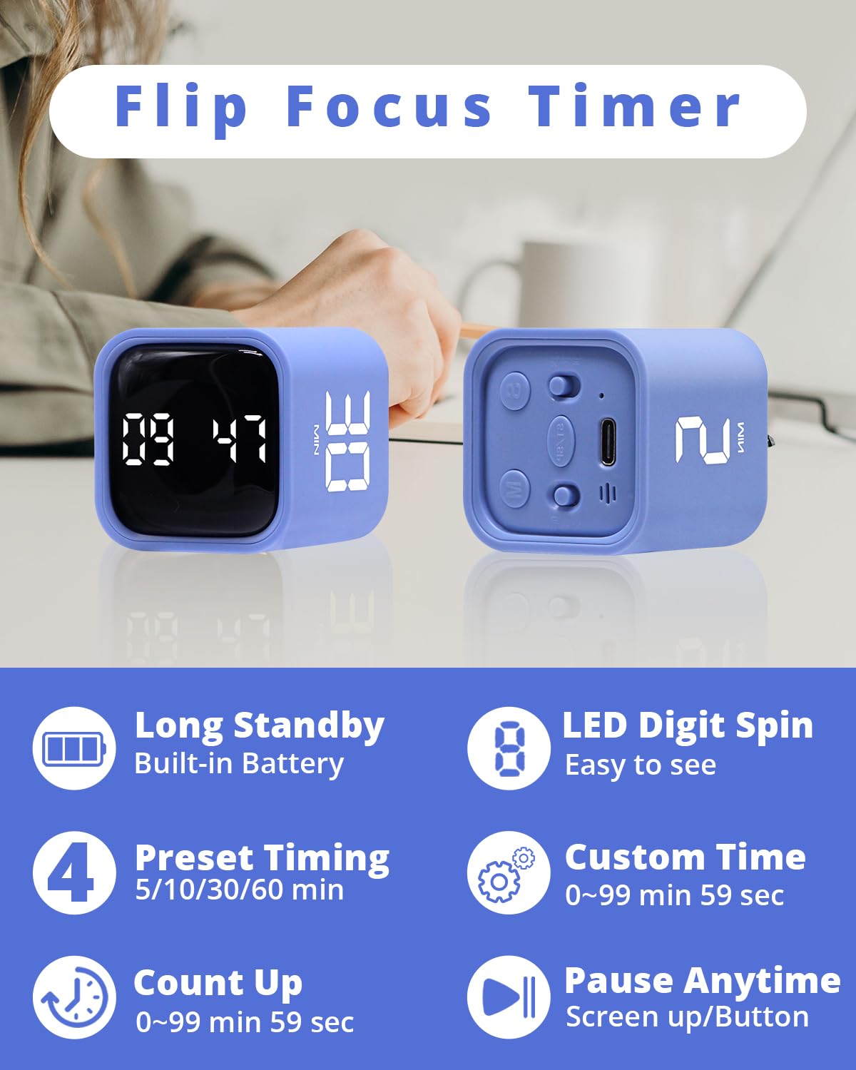 Productivity Timer Flip Gravity Sensor Cube Timer Countdown & Countup,Mute & Vibrate & Sound,5/10/30/60min & Custom Timing - Image 3