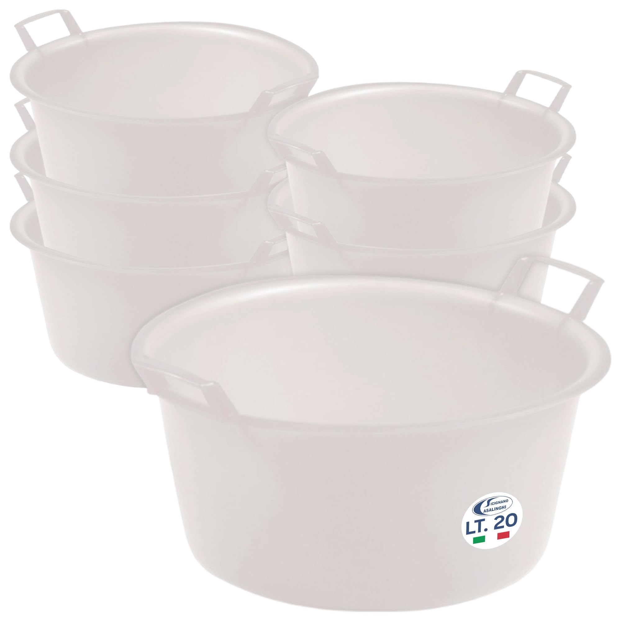 Sicignano | Juego de 6 cuencos redondos de polietileno – Idónea para el contacto alimentario – Multiusos para cocina, lavandería, jardinería y limpieza doméstica – Resistente y ligera, (neutro