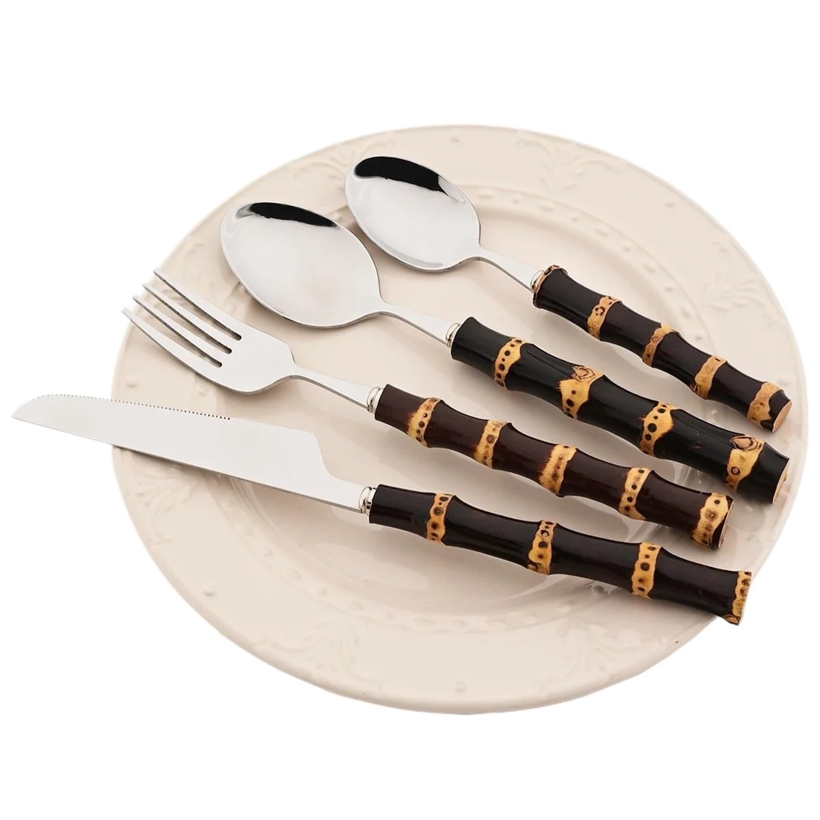 Set composto da coltello, forchetta e cucchiaio Set di 4 posate da tavola con manico in bambù nero, coltello, cucchiaio caffè, forchetta, in acciaio inossidabile occidentale, stoviglie cucina