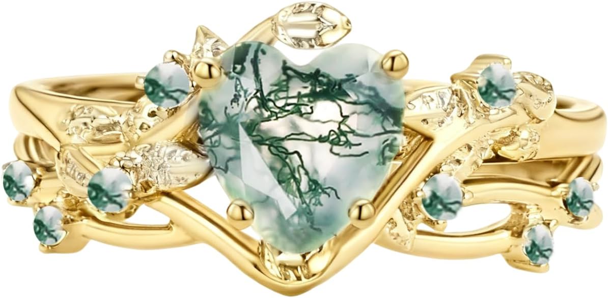 10K 14K 18K Gold Heart-shape Natural Moss Agate Wedding Ring Set 925 Sterling Silver 1-3 Carat Green Moss Agate Engagement Ring Set Bridal Ring Sets with Moissanite Free Engraving for Women 2pcs