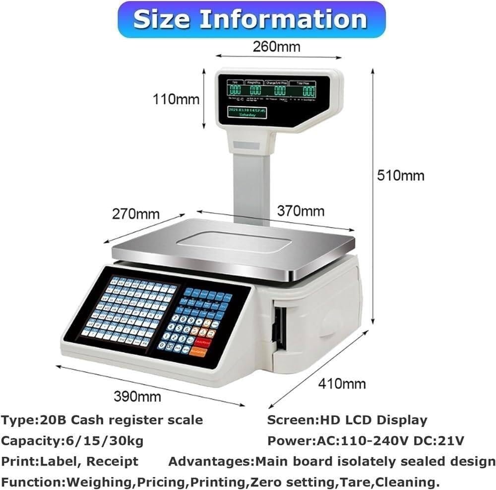 Bilancia elettronica di calcolo dei prezzi della bilancia di stampa di etichette, bilancia digitale di calcolo dei prezzi con stampante termica per etichette e doppio display, 30kg/60lb (Machine+