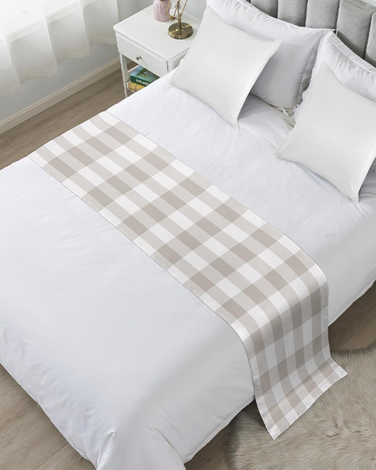 Teamery Bed Runners & Scarves, Light Brown Plaid Bed Runner, Bed Scarf Protector Decorative Accent Bedding Scarf for Hotels Homes and Guestrooms, 83 x 20 inches