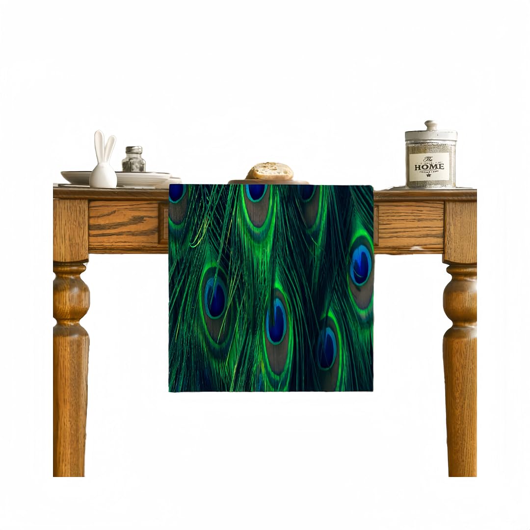 Runner For Table Linen Tablecloth Peacock Feather Holiday Party Restaurant Home Kitchen-Blue-33X150Cm