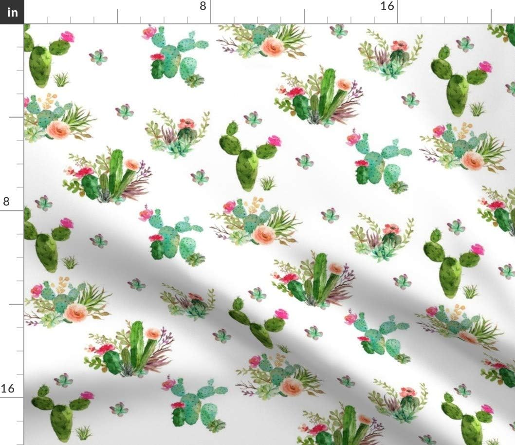 Spoonflower Fabric - Western Flowers White Succulent Floral Cactus Cacti Watercolor Printed on Petal Signature Cotton Fabric by The Yard - Sewing Quilting Apparel Crafts Decor