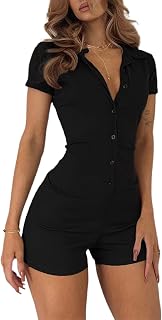 Women's Short Sleeve Ribbed Knit Button Front Collar Romper Playsuit Bodysuit
