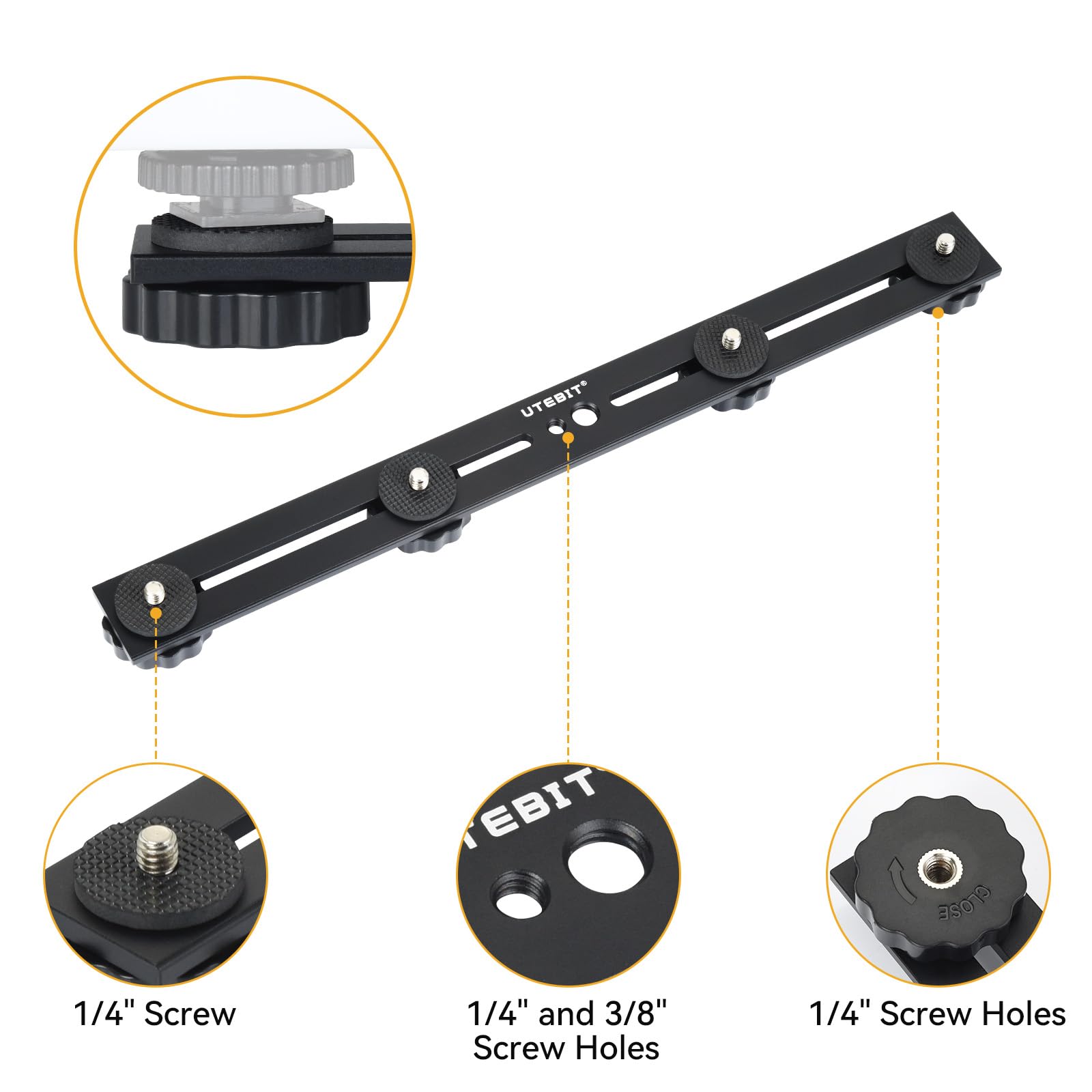 UTEBIT 13 in Support De Flash Double, Rail De Flash En Aluminium Avec Vis 1/4" Et 3/8", Support De Flash Pour Appareil Photo Avec Double Griffe Pour Appareil Photo DSLR, Lumière LED