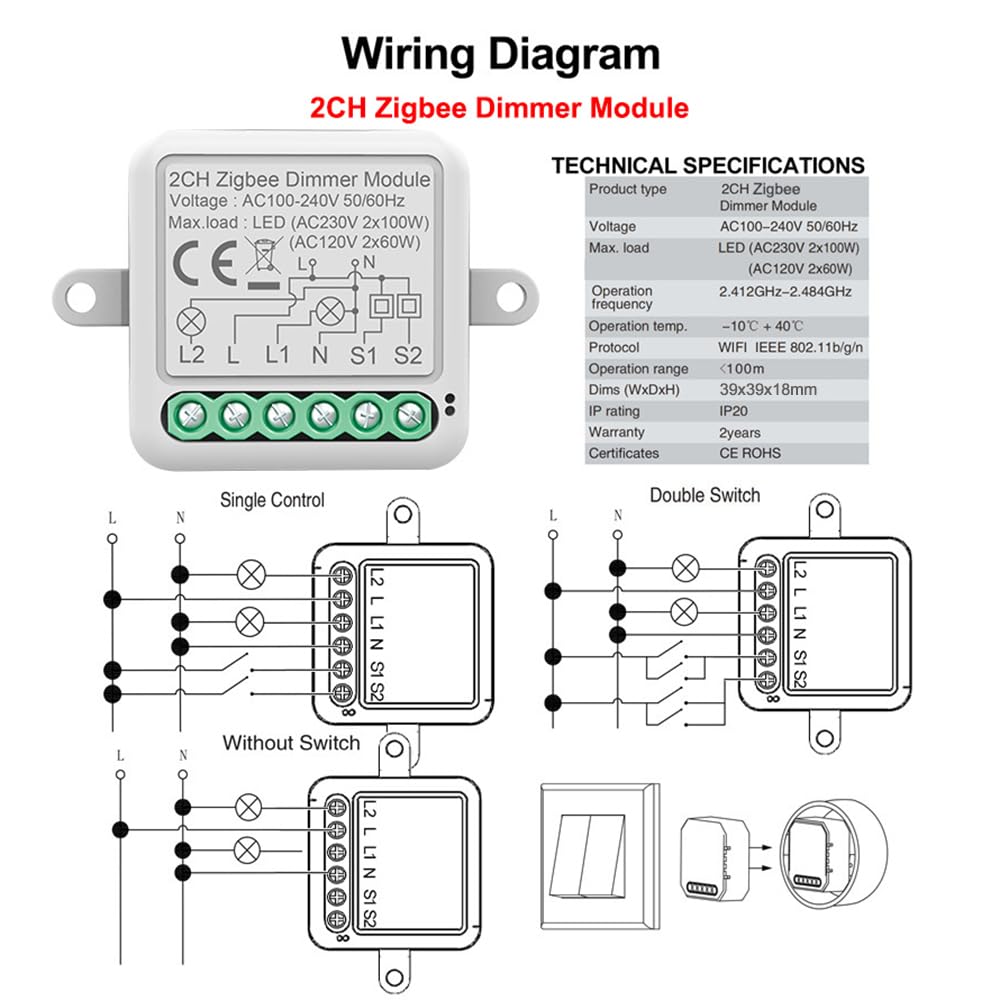 Vislone Dimmer Switch Module App Remote Control Curtain Switch Works with Alexa Google Home 2 Gang Switch - Image 3
