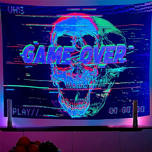 OSVINO Blacklight Skeleton Tapestry 59"x51" GAME OVER UV Reactive Wall Hanging Neon Skull Hippie Posters for Halloween Eastern Backdrop Bedroom Dorm Living Room Decor