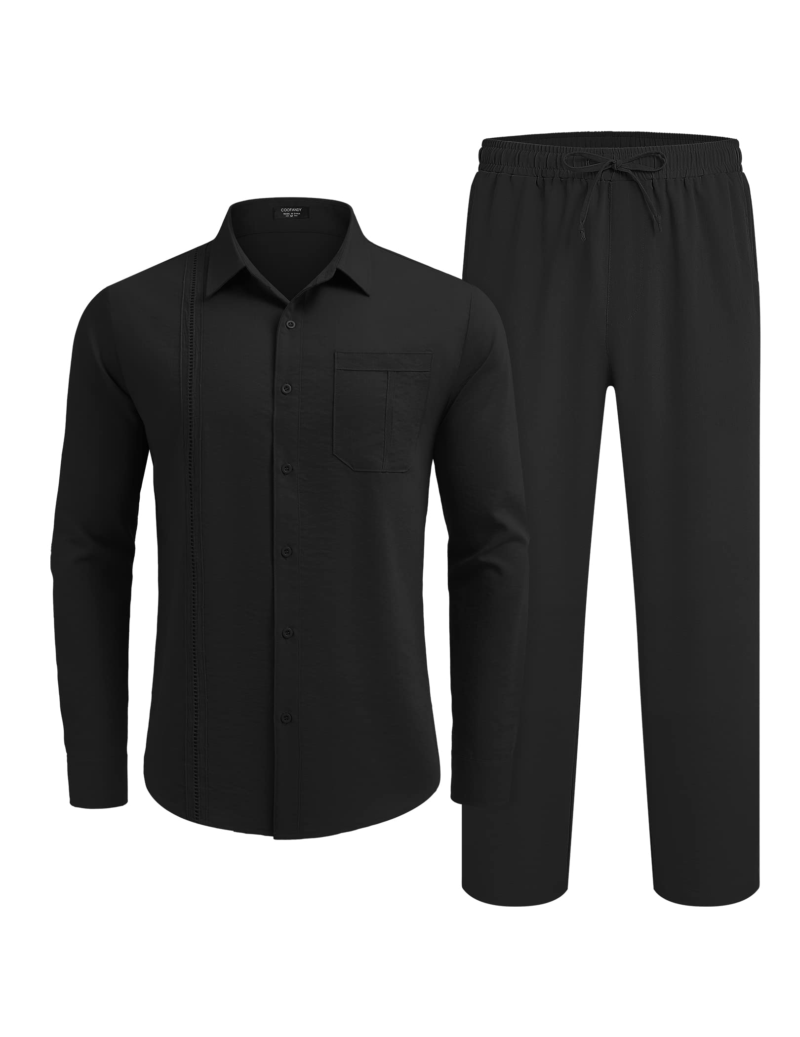 COOFANDY Herren-Leinen-Set, 2-teilig, langärmelig, Knopfleiste, kubanisches Hemd und Hose, Set für Sommer, Strand, Outfit