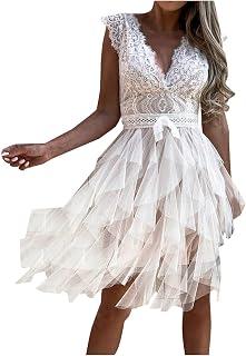 Women Formal Sexy Deep V-Neck Lace Backless Layered Mesh Wedding Guest Dress Party Club Beach Mini Midi Dresses