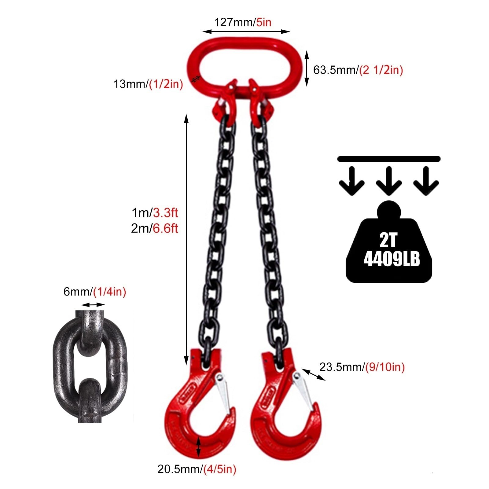 Dual Leg Lifting Chains Rigging for Lifting Hoist, Industrial Quality Lifting Sling Chain 3 6 Feet for Forklift Hoist Crane, Engine Lift Chain with Hooks(Load 2 Ton L 2 M (6.6 FT) 2 Hook)