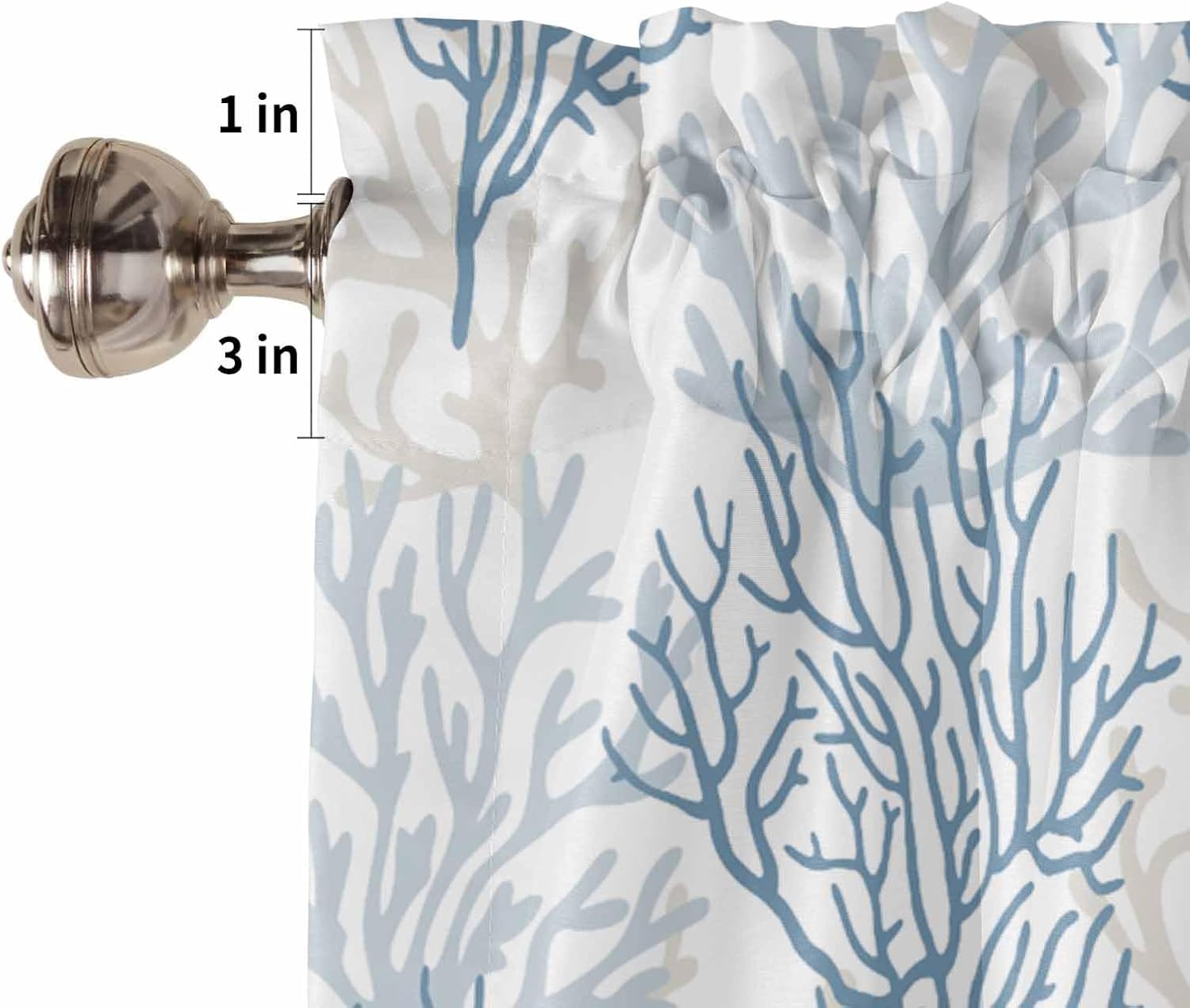 Blue Grey Coral Coastal Kitchen Curtains Set Short Half Curtains 36 Inches Length, Summer Beach Seaside Nautical Rod Pocket Window Treatment Bedroom Tiers and Valance Set for Cafe Bathroom