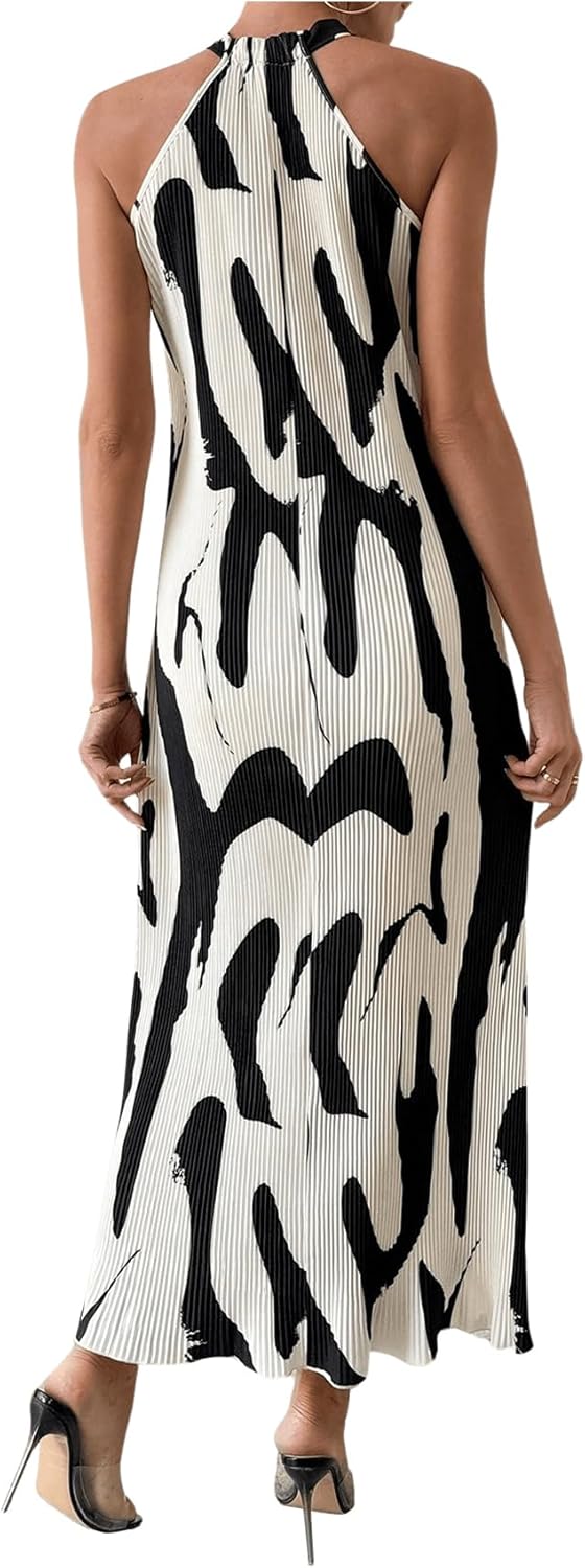 Verdusa Women's Casual Pleated Sleeveless Halter Dress Summer A Line Long Dress