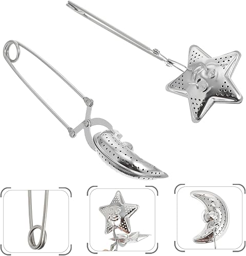 Miniatura 9 de Juego de 2 infusores de té de mango largo, coladores de té en forma de luna y estrella de acero inoxidable para té de hojas sueltas, ideal para uso