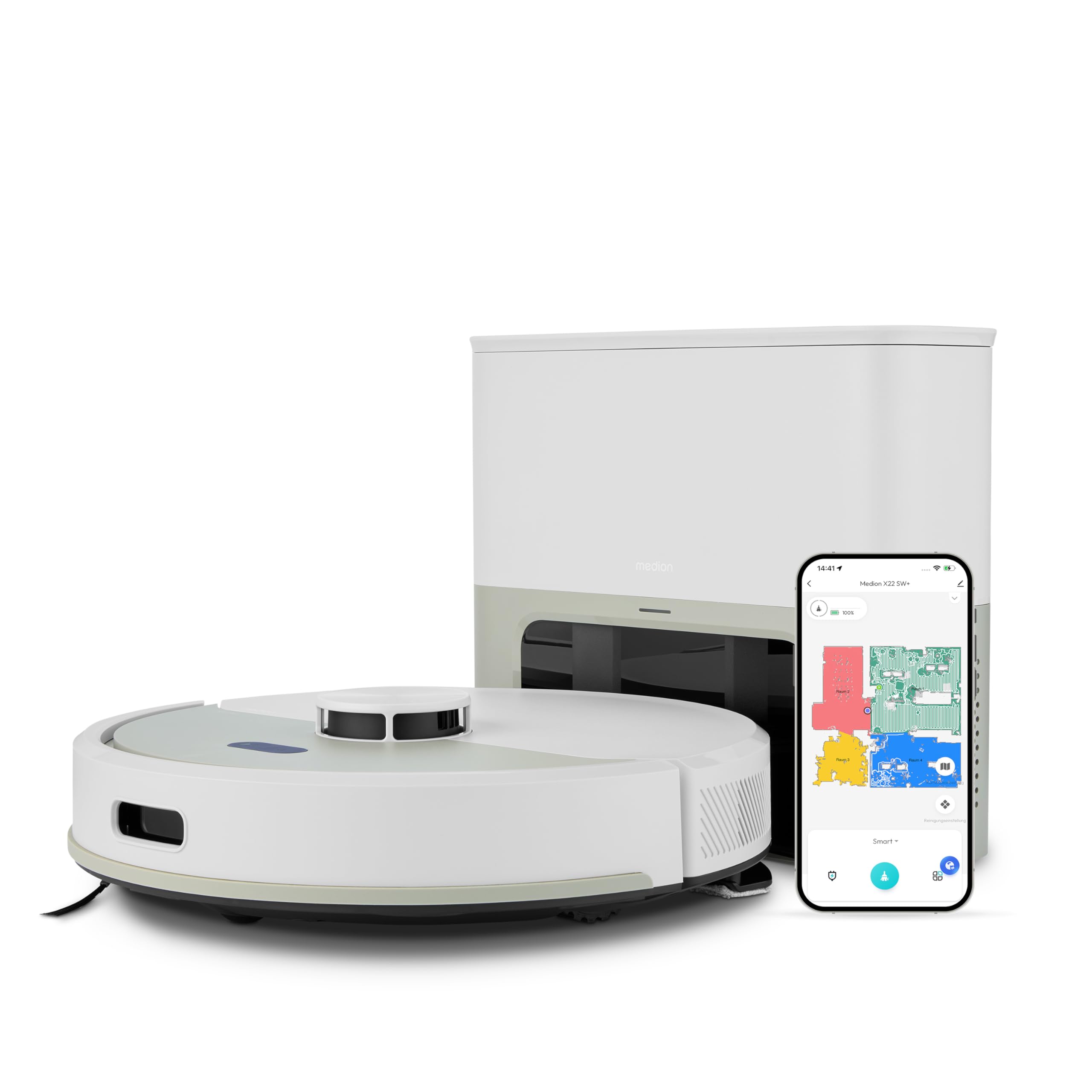MEDION Robot Aspirador con estación y fregado X22 SW+ (navegación láser, 5.000 Pa, 2 en 1, mapeo preciso, Zonas restringidas, Varios Pisos, MD 100021), Gris