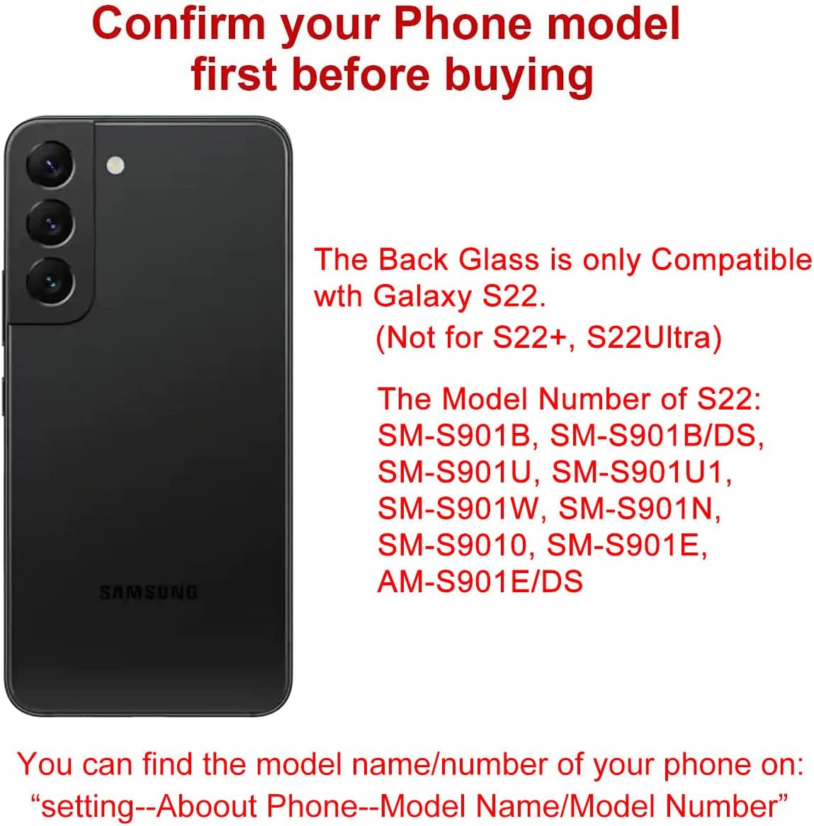 Rear Back Glass Replacement for Samsung Galaxy S22 6.1 inches 5G with Reparing Toolkit and Pre-Installed Adhesive (Phantom Black)