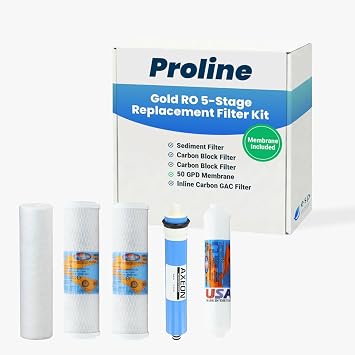 Proline Gold RO Replacement Filter Kit with Membrane Genuine Reverse Osmosis Filter Set with 50 GPD RO Membrane - Includes Sediment, Inline GAC, Membrane & 2 Carbon Block Filters