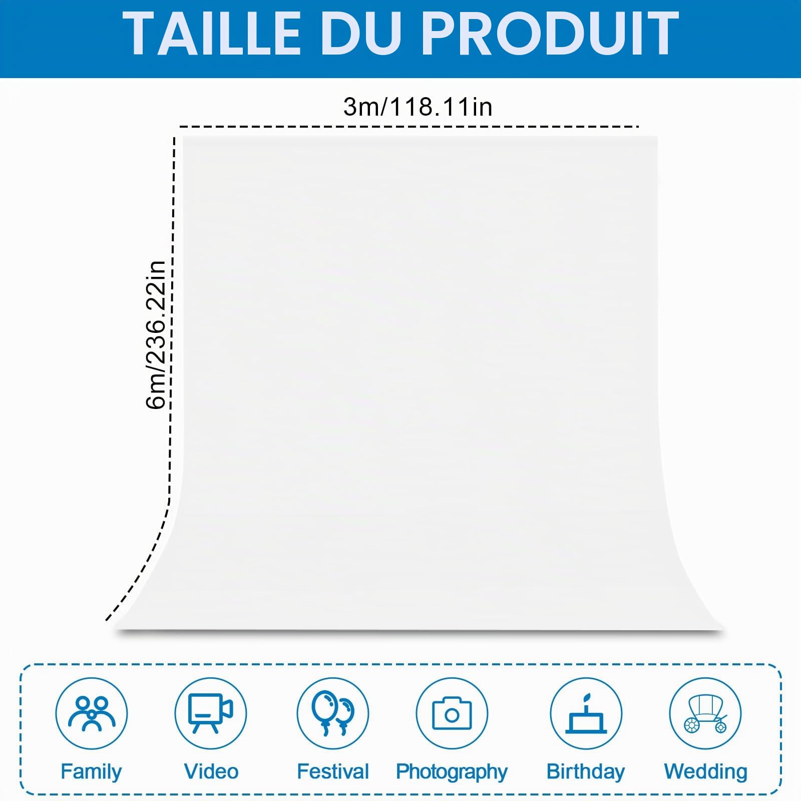 Toile de fond pour photo, blanc, 3 x 6 m, grand fond de photographie pliable, lavable, en polyester, pour photographie, vidéo, photographie de mode, mariages, fêtes et anniversaires