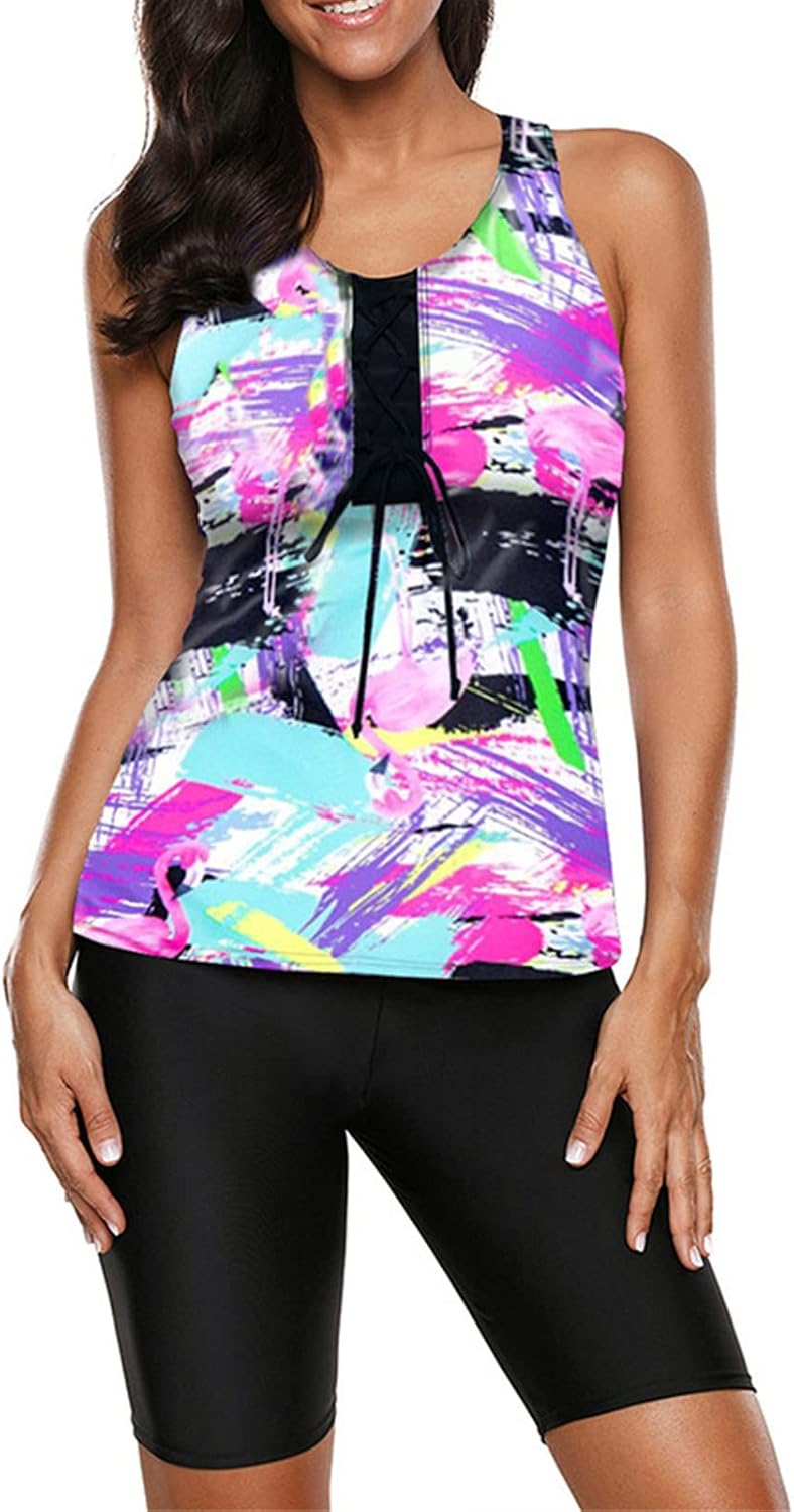 Womens Color Block Tankini Swimsuits Athletic Print Cropped Pants Bathing Suits With Shorts Swim Sleeveless Tank Tops