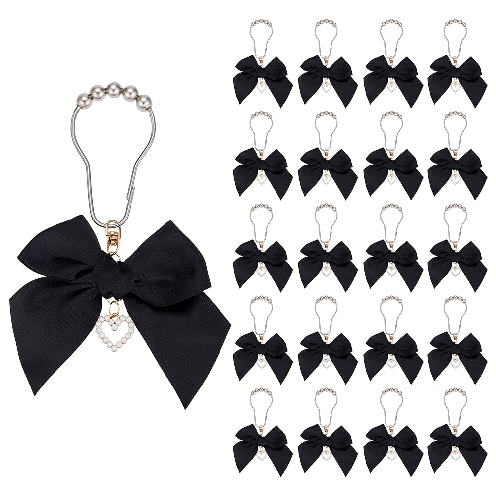 Ganchos para cortina de ducha negros con lazo decorativo y accesorios de decoración de baño chic