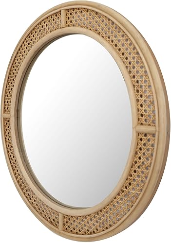 Miniatura 9 de FLORA Espejo de pared redondo de ratán con marco de madera, espejo decorativo bohemio moderno para baño, entrada, sala de estar, dormitorio, 24