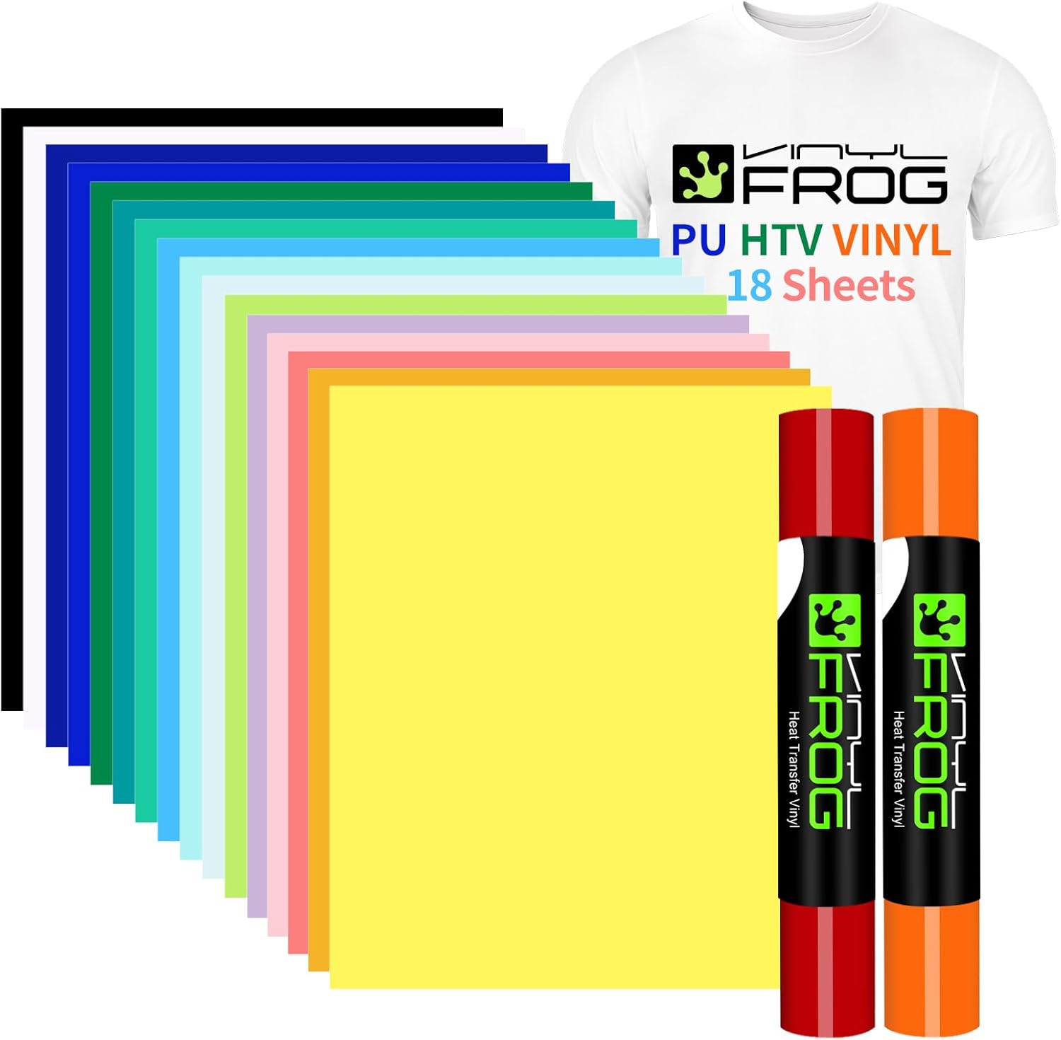 VINYL FROG 18 Sheets Heat Transfer Vinyl Bundle 12"x10" Matte HTV Vinyl Packs 18 Assorted Colors Iron on Vinyl Easy to Weed HTV Vinyl for DIY T-Shirts Design