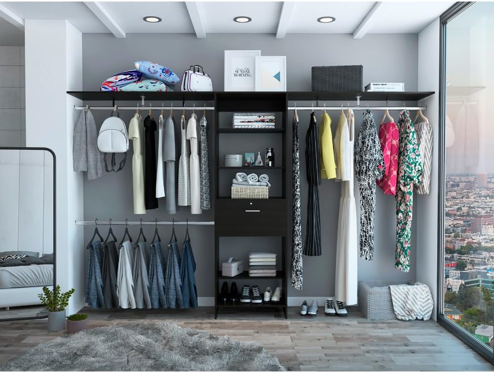 Tuhome Plego Closet System with Four Hanging Rods, Five Shelves, Three Drawers, Adjustable for 69" or 118" Closet Space, Modern Storage Solution