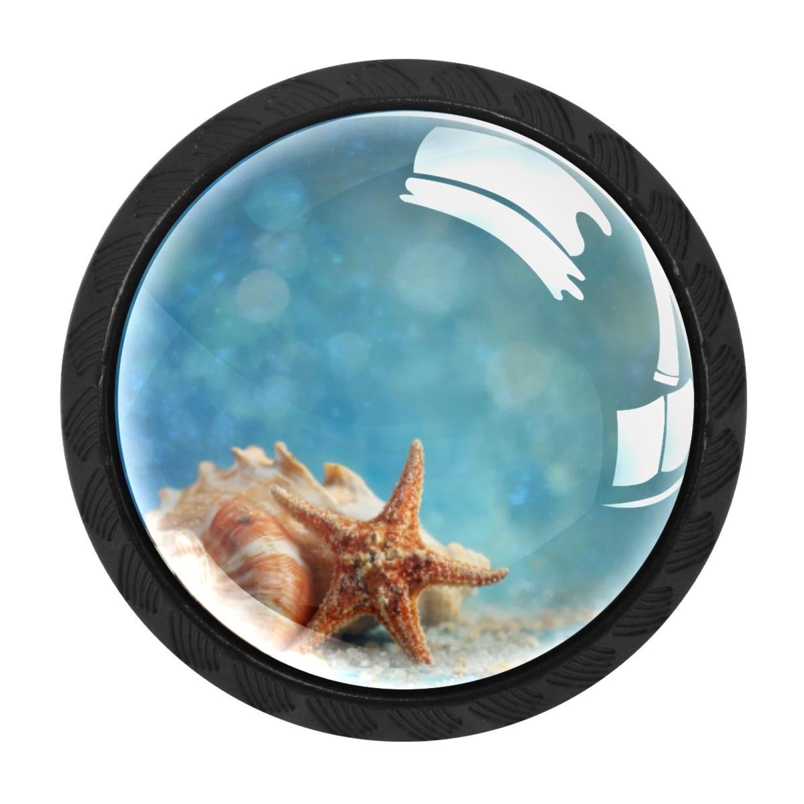 CHENZZZZ 4 Pack Starfish Shell Conch Background (3) Dresser Drawer Cabinet Knobs Black Round Drawer Knob Pull Handle with Screws for Kitchen Wardrobe Cupboard Furniture Decor