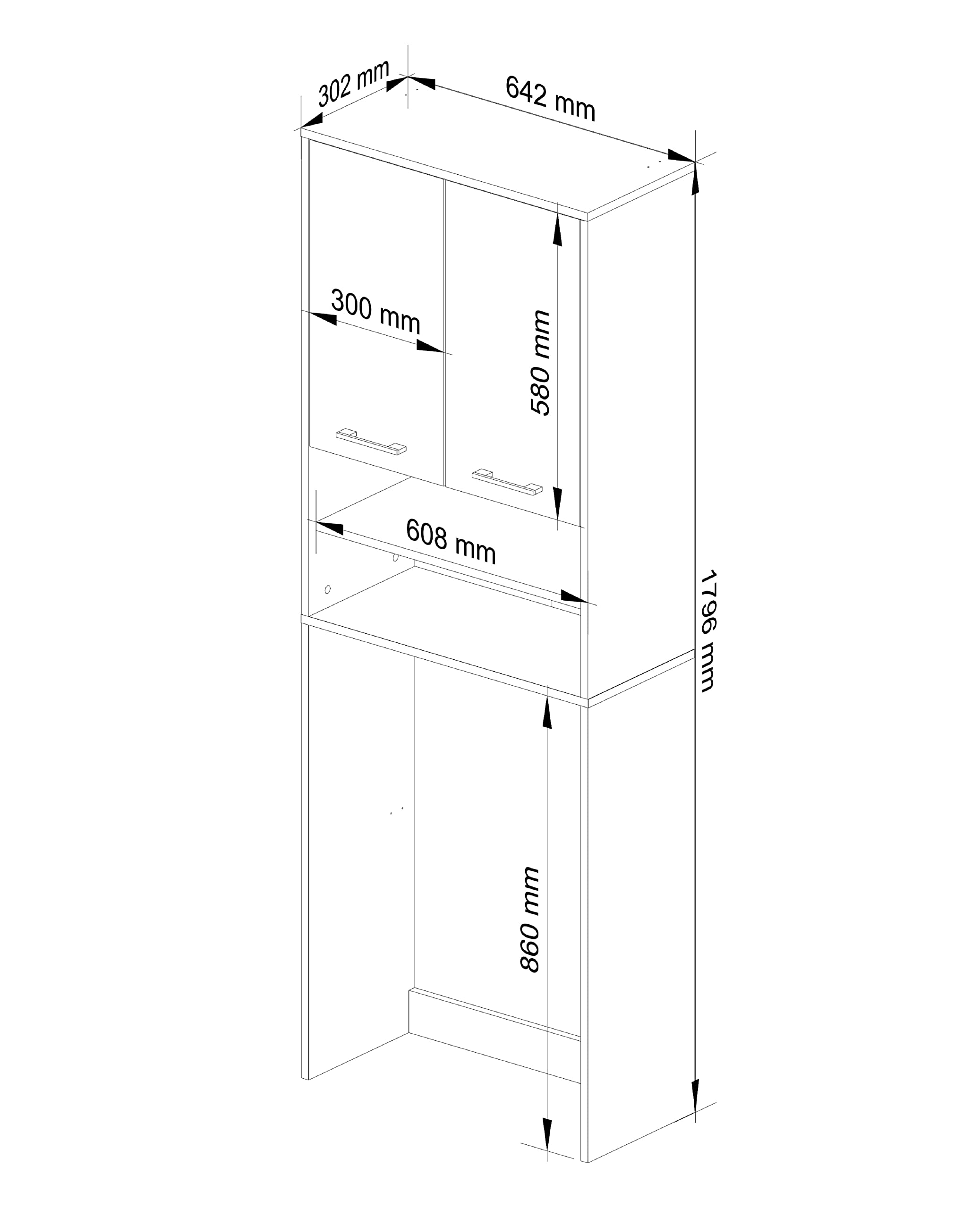 AKORD | Armadio Pensile per Lavatrice | Armadio di trasformazione con 2 ante, 2 Ripiani Aperti | Archivio per bagno | Cassettiera per lavatrice | 64x180x30 cm | Peso 30 kg | Bianco/Rovere Sonoma