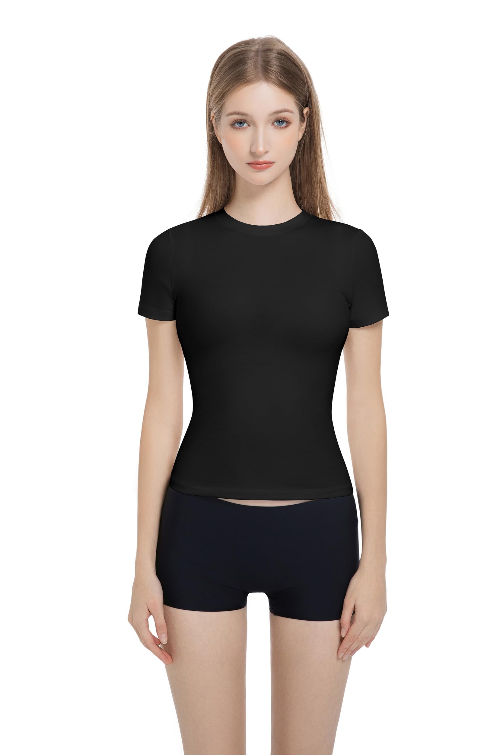 Gemonklee Women’s Fitted Crew Neck T-Shirt Stretchy Cotton Y2K Short Sleeve Tees for Workout Basic Tees Going Out Tops Black