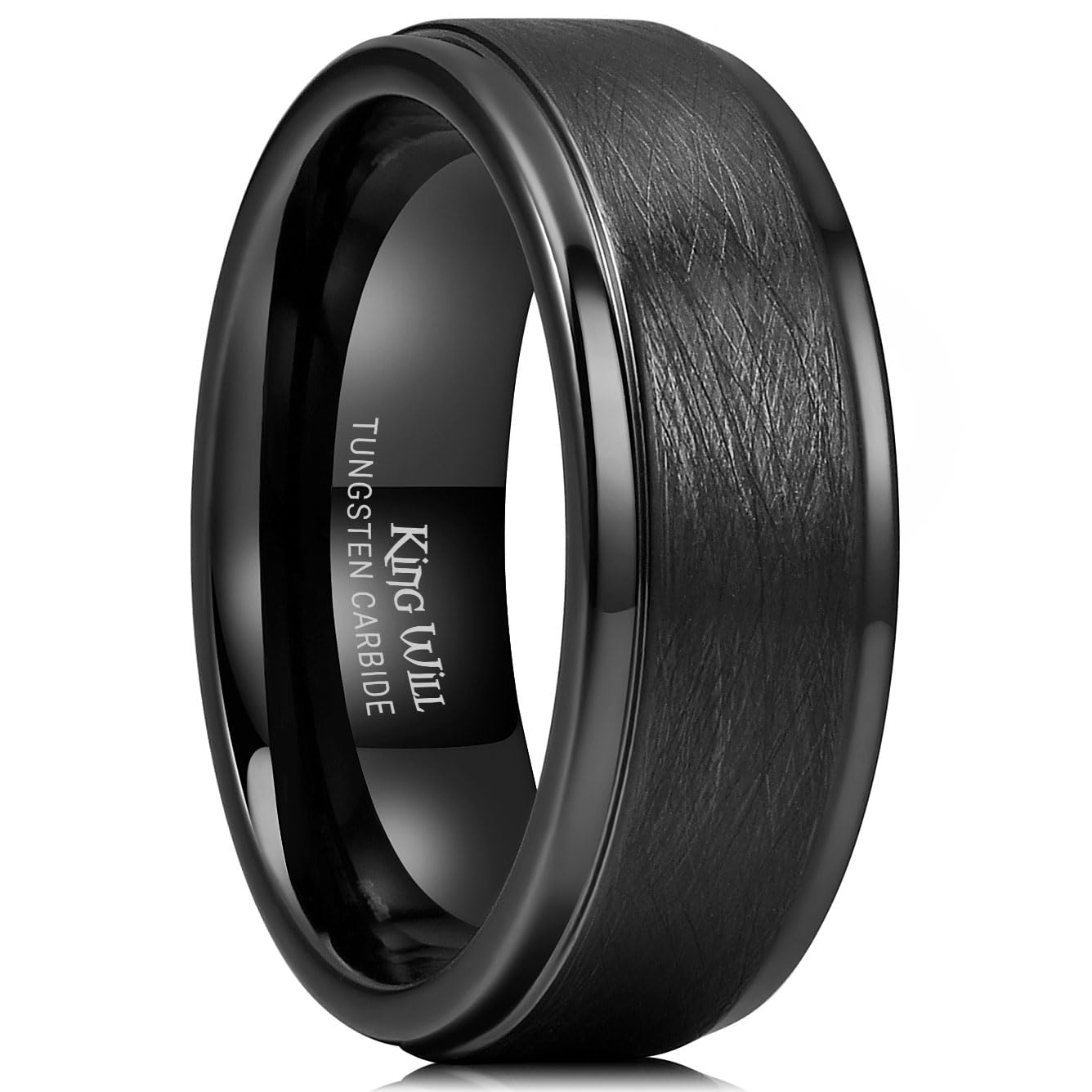 King Will Classic 8mm Tungsten Carbide Ring Black/Silver/Gold Brushed Two Grooved Center Hammered Design Mens Wedding Band for Men