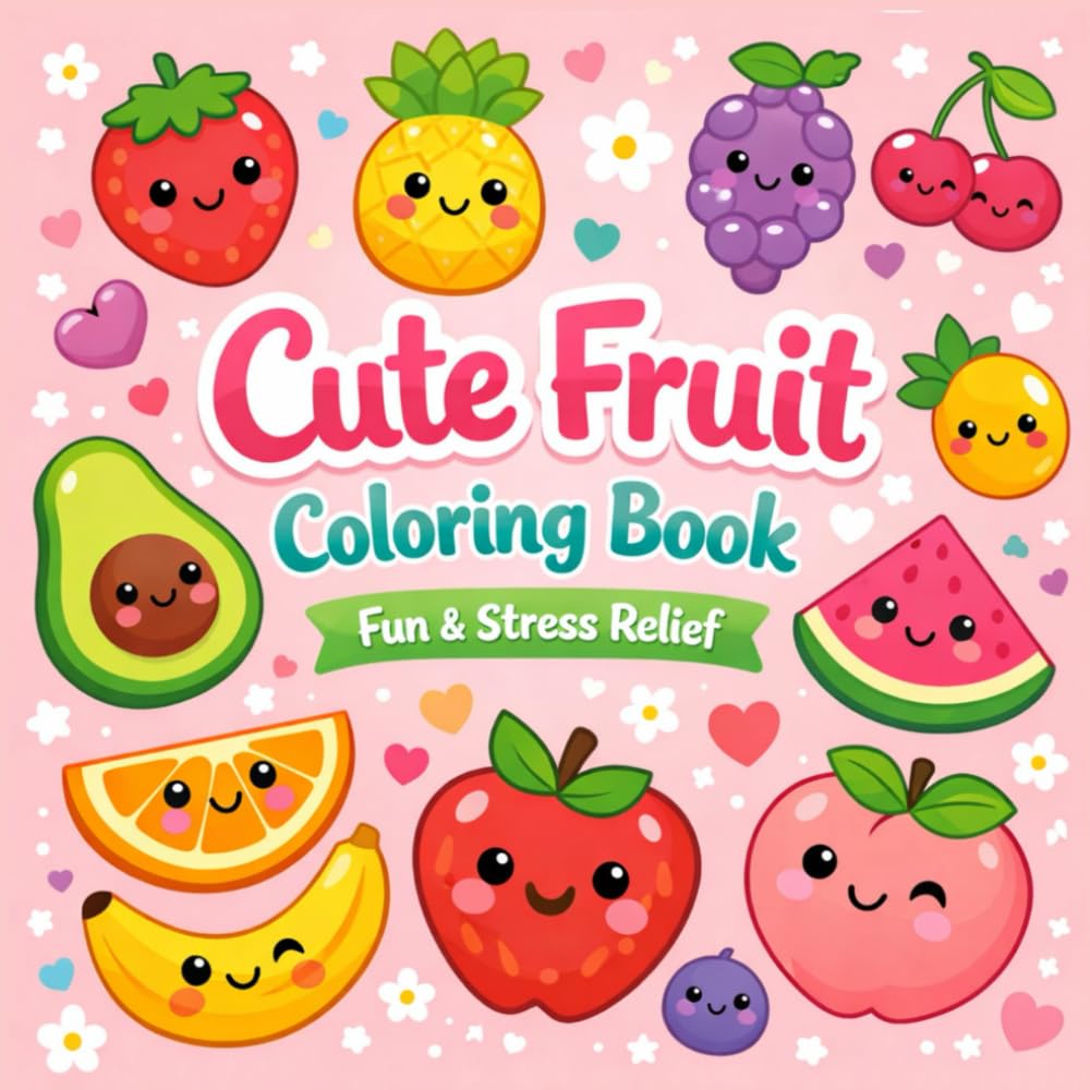 Cute Fruit Coloring Book Fun & Stress Relief Kawaii Fruits with Simple Designs for Relaxation (Bold & Easy Cute Coloring Books for Kids and Adults)