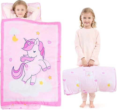 Miniatura 7 de UOMNY Tapete para siesta para niños pequeños, 1 paquete de saco de dormir para niñas con almohada extraíble, unicornio de 53 x 21 pulgadas, saco de
