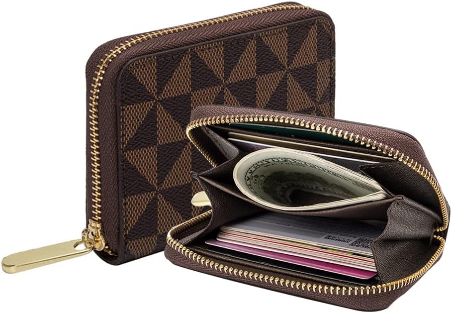 Women's Credit Card Holder, RFID Leather Zipper Wallet, Small Zipper Card Case for Men and Women (Brown)