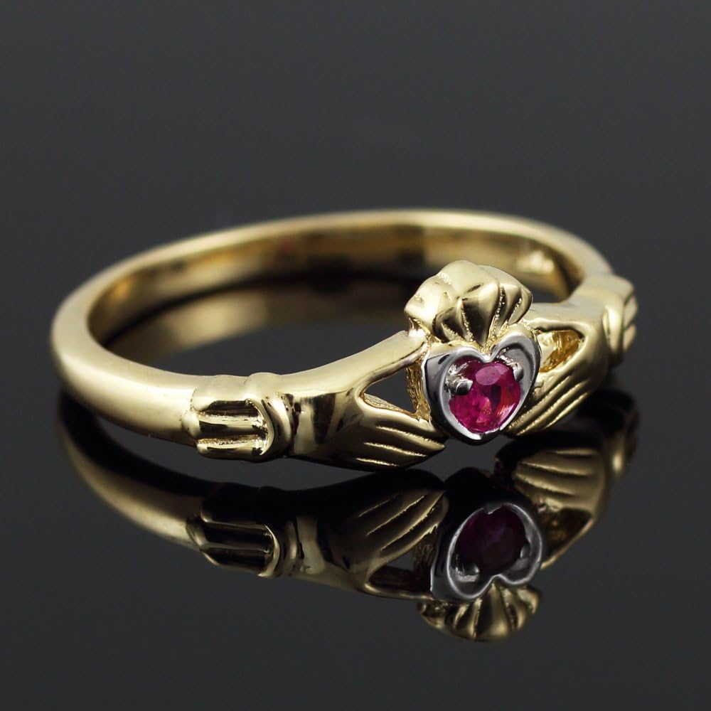Women's 14k Two-Tone Yellow Gold Red Ruby on Heart Claddagh Ring