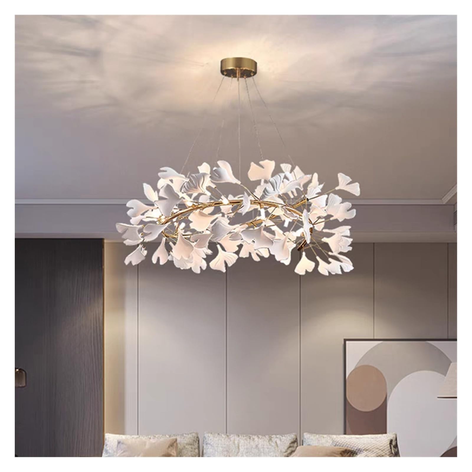 Lustre, Plafonnier suspendu rond en forme de feuille Ginkgo, design moderne, luminaire décoratif d'intérieur, idéal(White,ROUND 100CM_CERAMIC)