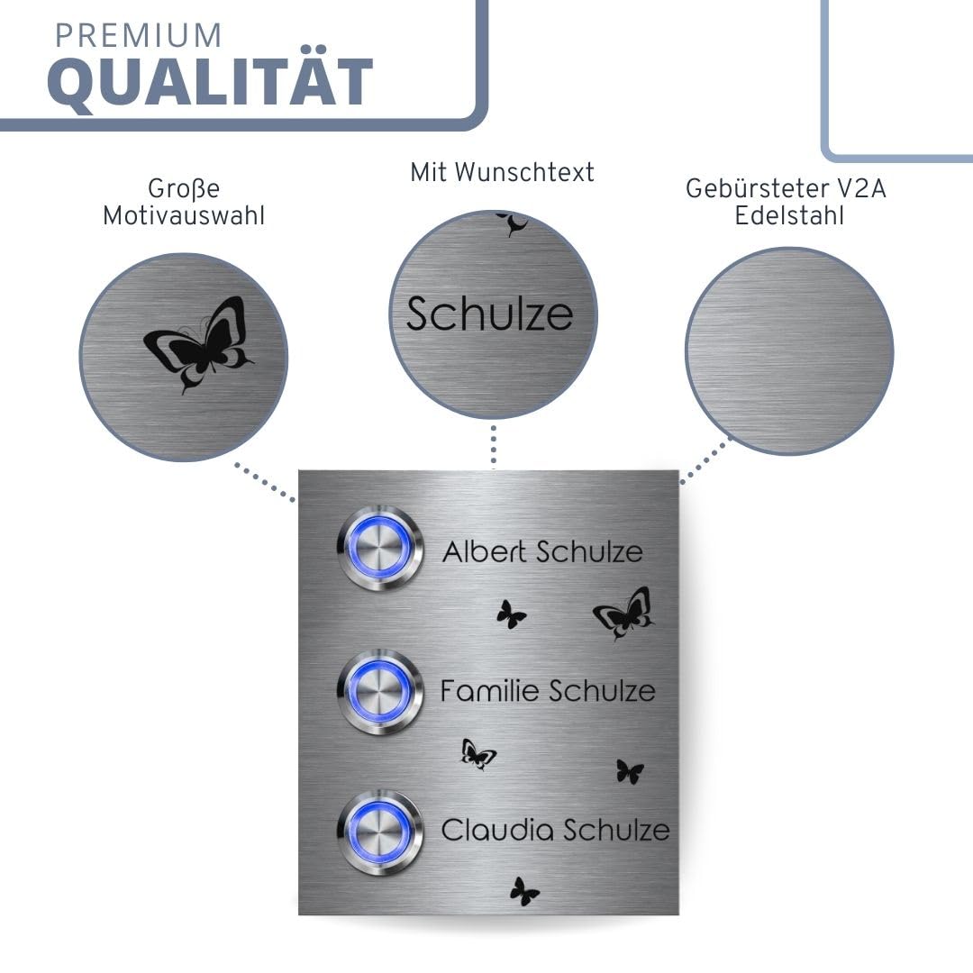 3 Fach Edelstahl Mehrfamilien Türklingeln mit Gravur - Klingel Modell Schulze 9x10,5 cm und Premium LED Klingelknopf | Klingelschilder optional mit schönen Acrylplatten | Gravierte Klingelplatte