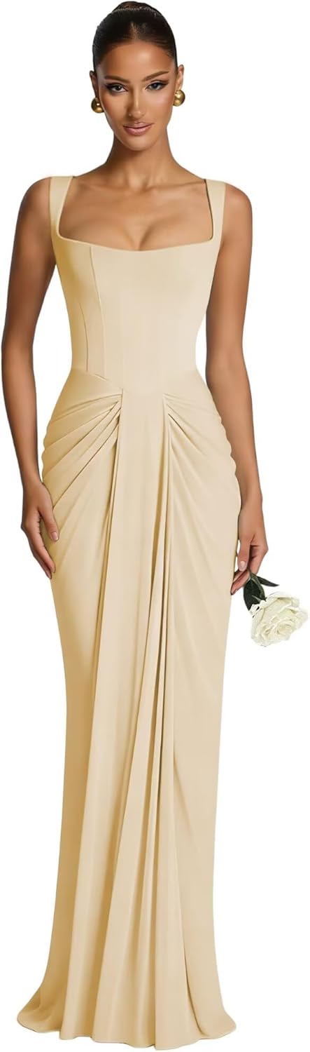 Spaghetti Straps Prom Dresses for Women Long 2026 Satin Pleated Formal Party Dress AS056