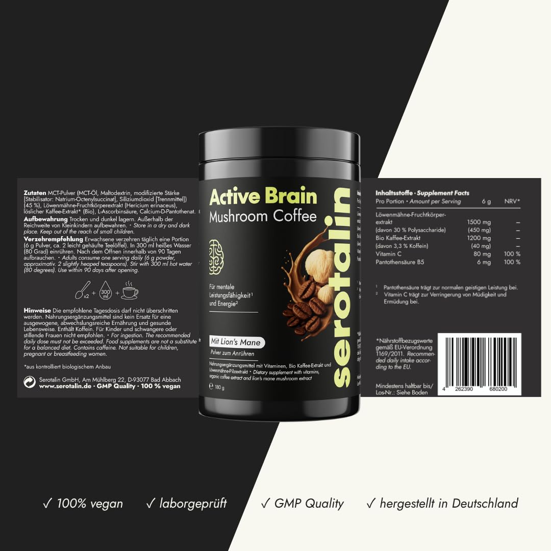 serotalin Mushroom Coffee | Bio Kaffee Alternative mit Lion’s Mane (Löwenmähne Fruchtkörperextrakt) & MCT-Pulver | Adaptogener Brain Coffee mit Kaffee-Extrakt für sanften Genuss